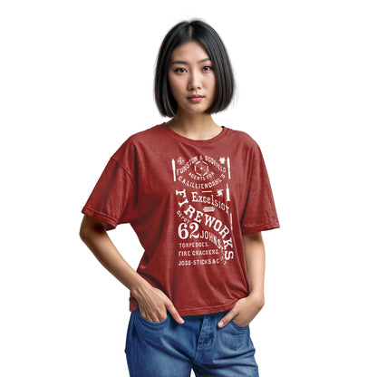 A red t-shirt with a white vintage graphic of Excelsior Fireworks packaging.