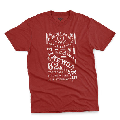 A red t-shirt with a white vintage graphic of Excelsior Fireworks packaging.
