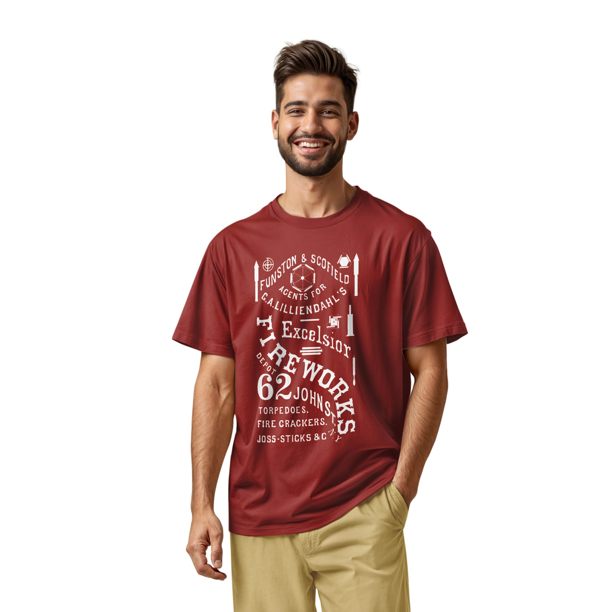 A red t-shirt with a white vintage graphic of Excelsior Fireworks packaging.