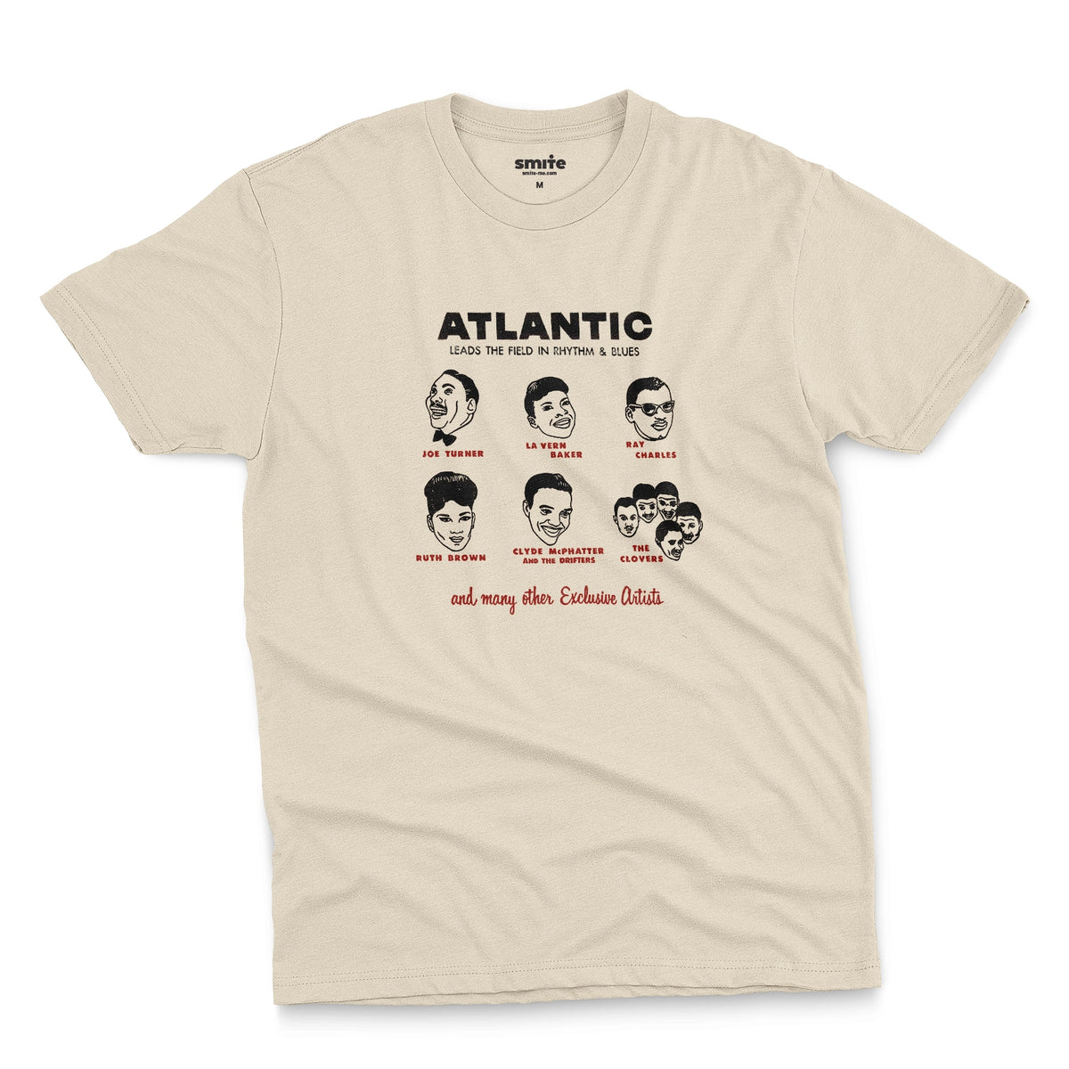 A beige t-shirt featuring a vintage promotional graphic of famous rhythm and blues musicians on the Atlantic label from the 1950s.