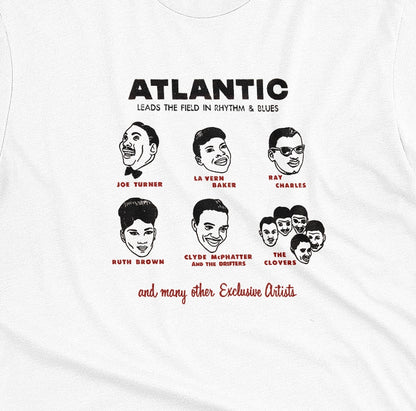 A white t-shirt featuring a vintage promotional graphic of famous rhythm and blues musicians on the Atlantic label from the 1950s.