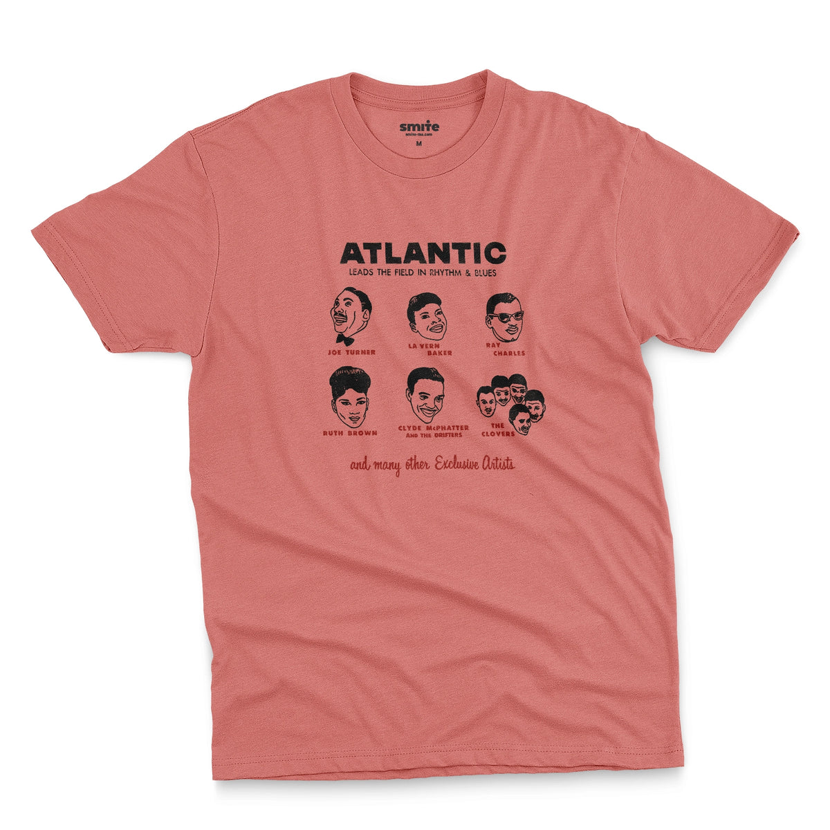 A coral pink t-shirt featuring a vintage promotional graphic of famous rhythm and blues musicians on the Atlantic label from the 1950s.