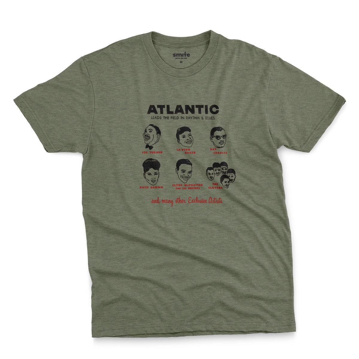 A green t-shirt featuring a vintage promotional graphic of famous rhythm and blues musicians on the Atlantic label from the 1950s.
