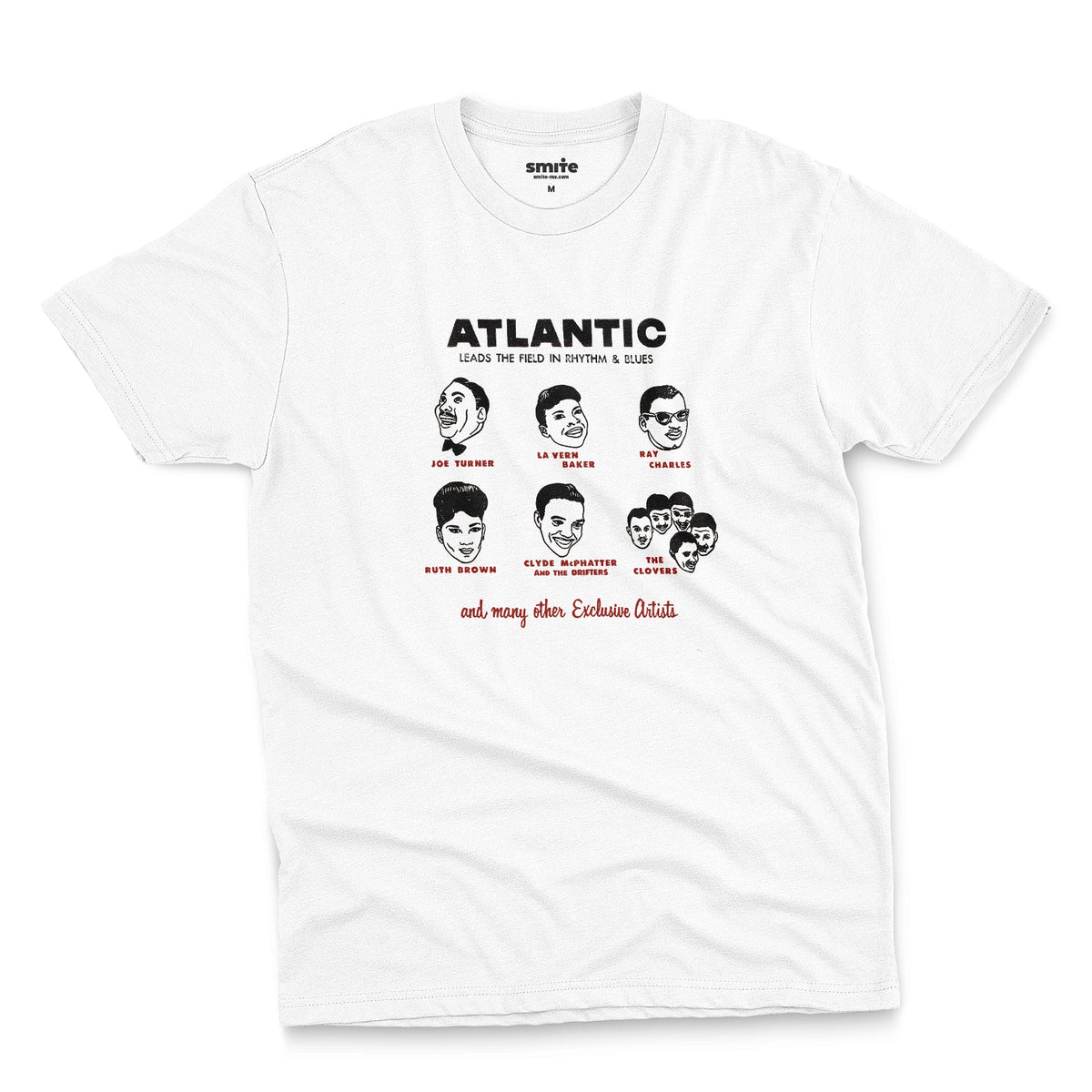 A white t-shirt featuring a vintage promotional graphic of famous rhythm and blues musicians on the Atlantic label from the 1950s.