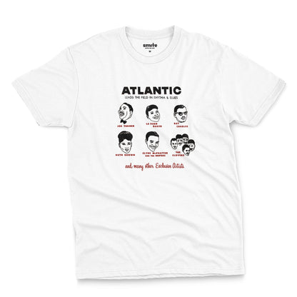 A white t-shirt featuring a vintage promotional graphic of famous rhythm and blues musicians on the Atlantic label from the 1950s.