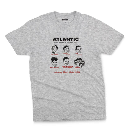 A gray marle t-shirt featuring a vintage promotional graphic of famous rhythm and blues musicians on the Atlantic label from the 1950s.