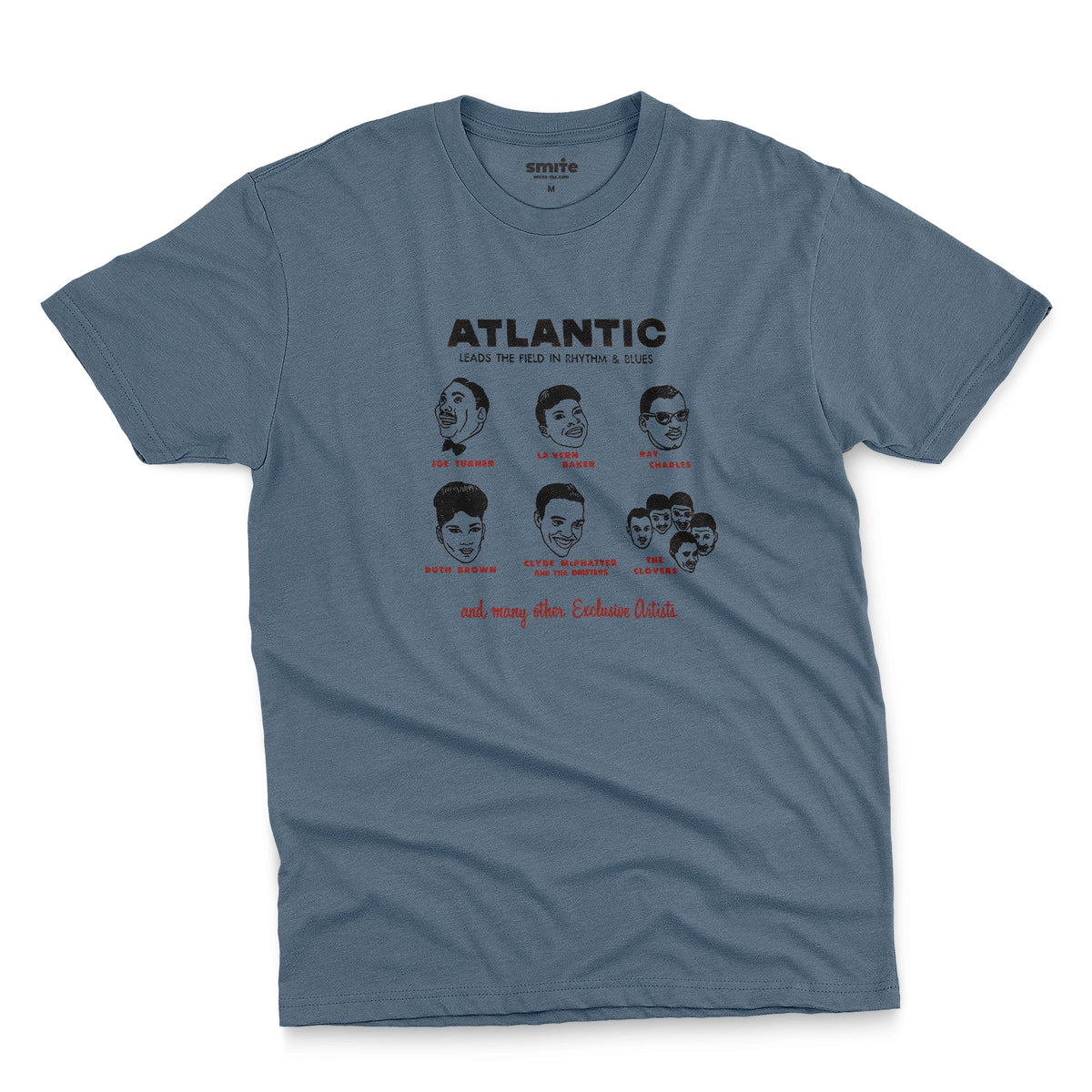 A blue t-shirt featuring a vintage promotional graphic of famous rhythm and blues musicians on the Atlantic label from the 1950s.