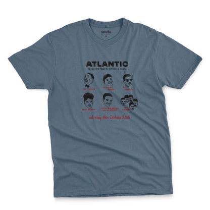 A blue t-shirt featuring a vintage promotional graphic of famous rhythm and blues musicians on the Atlantic label from the 1950s.