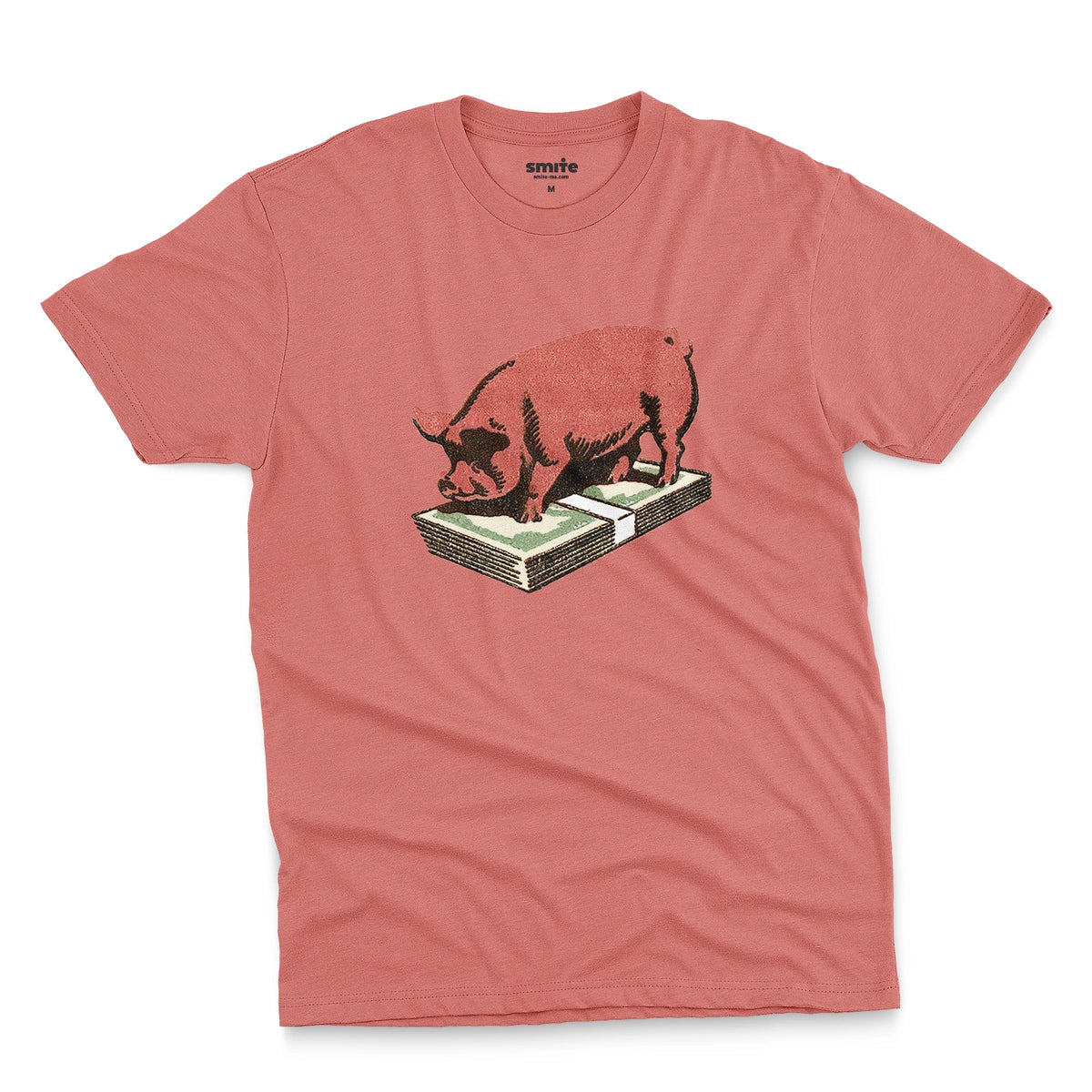 A coral pink t-shirt featuring a retro graphic print of a pig standing on a stack of cash.