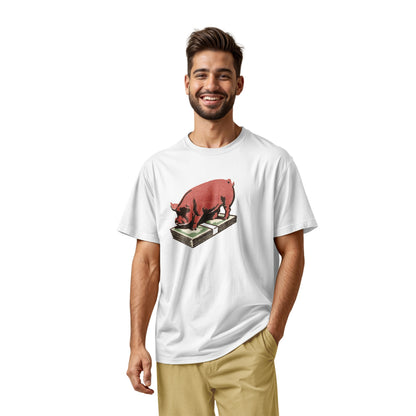 A white t-shirt featuring a retro graphic print of a pig standing on a stack of cash.