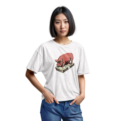 A white t-shirt featuring a retro graphic print of a pig standing on a stack of cash.