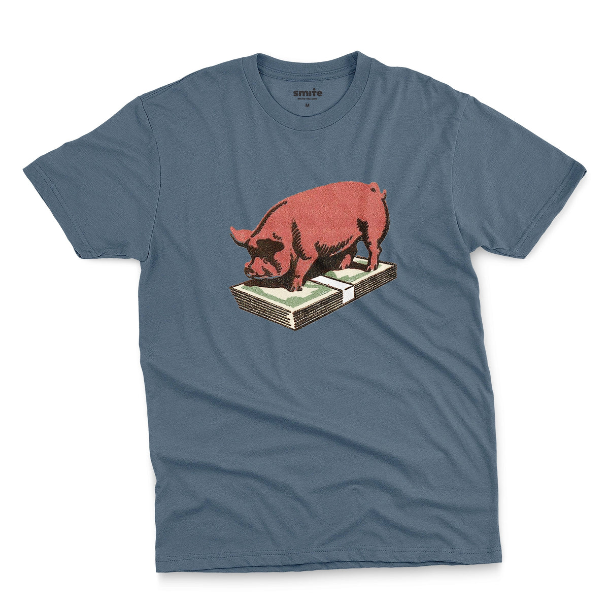 A blue t-shirt featuring a retro graphic print of a pig standing on a stack of cash.
