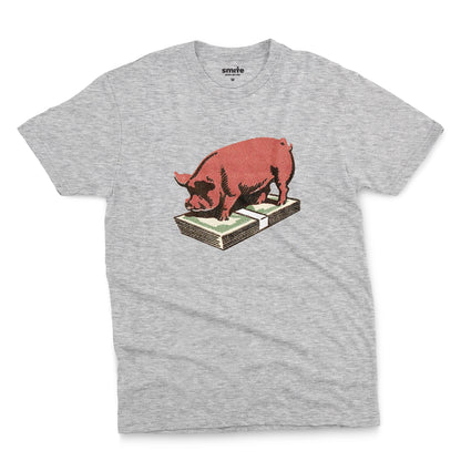 A grey marle t-shirt featuring a retro graphic print of a pig standing on a stack of cash.