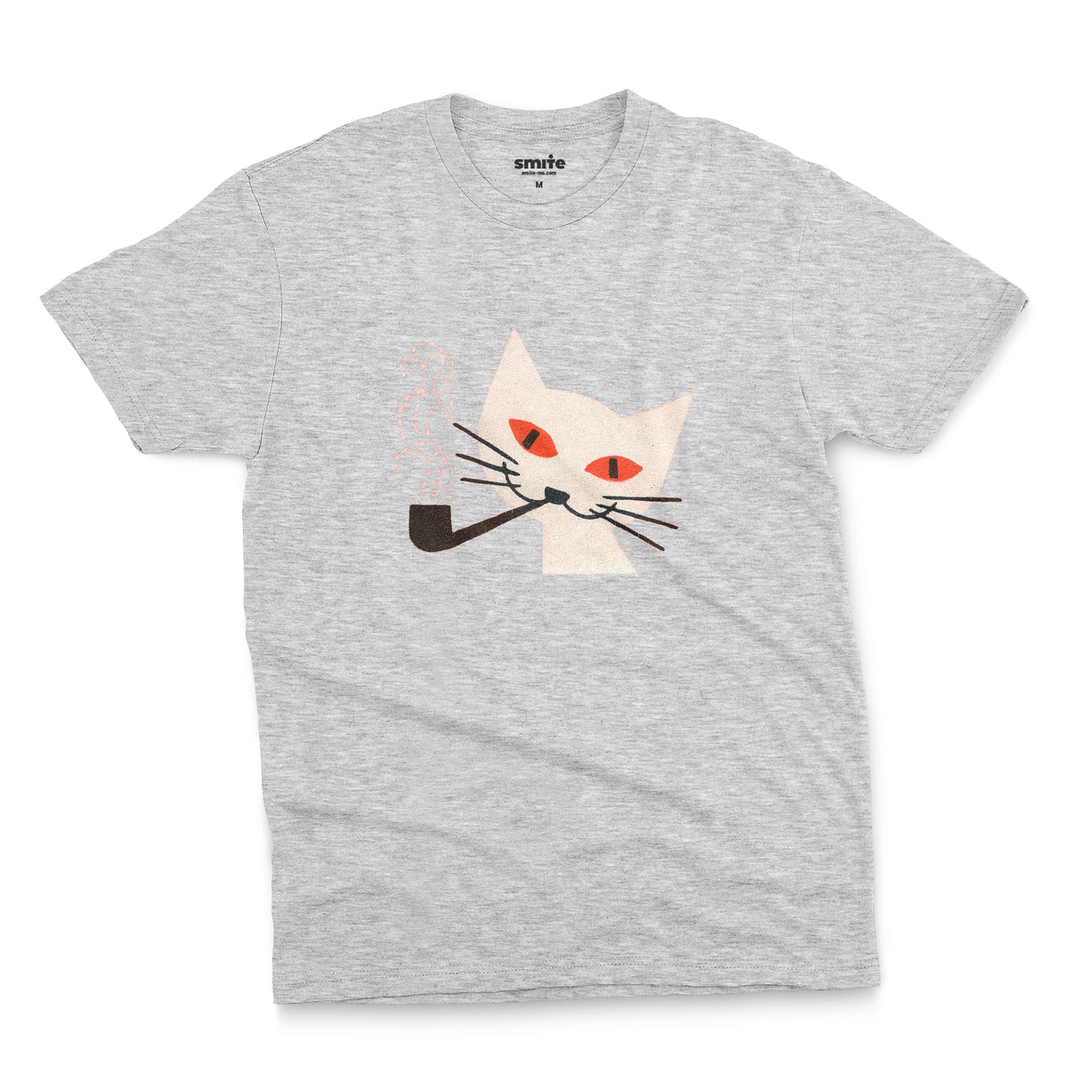 A  grey  t-shirt with a graphic of a white cat smoking a pipe, featuring orange eyes and black whiskers. The image is from a 1950s matchbox cover.