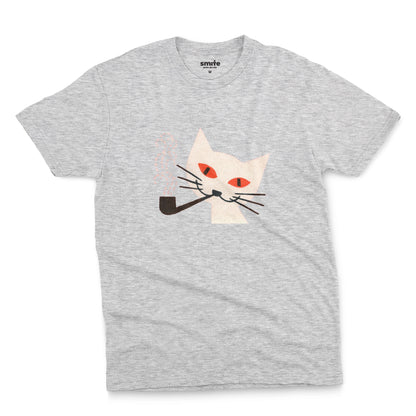 A  grey  t-shirt with a graphic of a white cat smoking a pipe, featuring orange eyes and black whiskers. The image is from a 1950s matchbox cover.