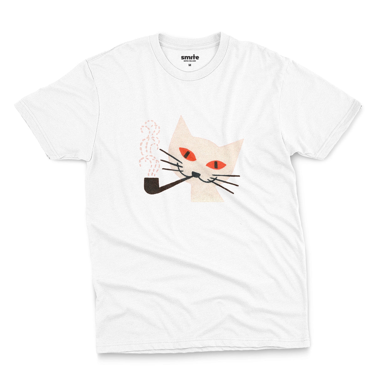 A  white  t-shirt with a graphic of a white cat smoking a pipe, featuring orange eyes and black whiskers. The image is from a 1950s matchbox cover.