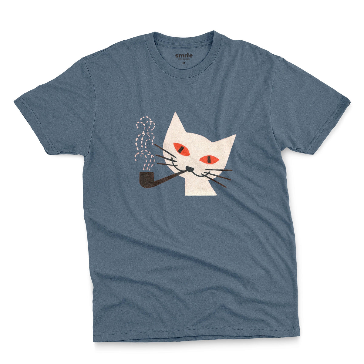 A blue t-shirt with a graphic of a white cat smoking a pipe, featuring orange eyes and black whiskers. The image is from a 1950s matchbox cover.