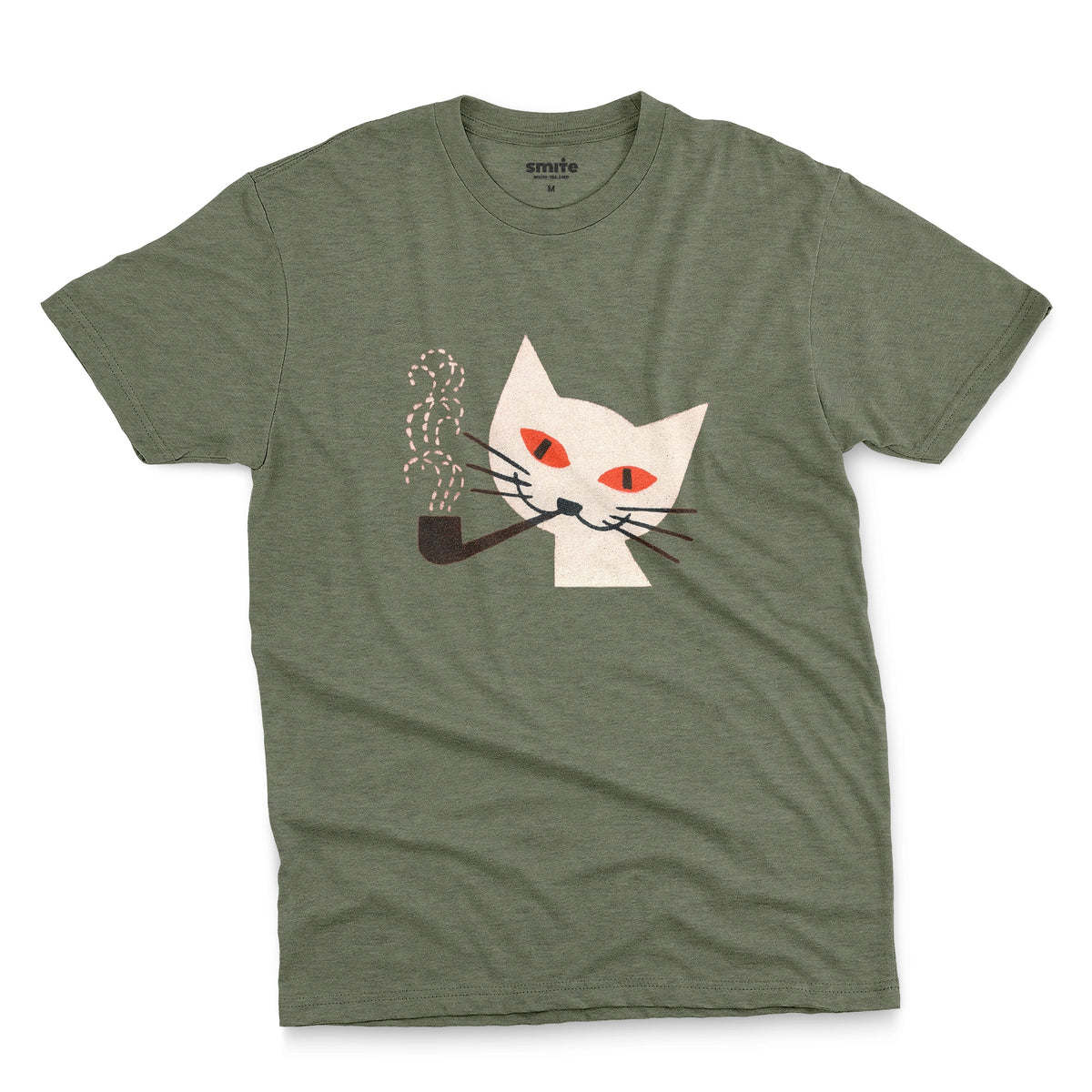 A  heathered green t-shirt with a graphic of a white cat smoking a pipe, featuring orange eyes and black whiskers. The image is from a 1950s matchbox cover.