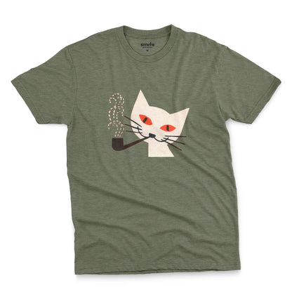 A  heathered green t-shirt with a graphic of a white cat smoking a pipe, featuring orange eyes and black whiskers. The image is from a 1950s matchbox cover.
