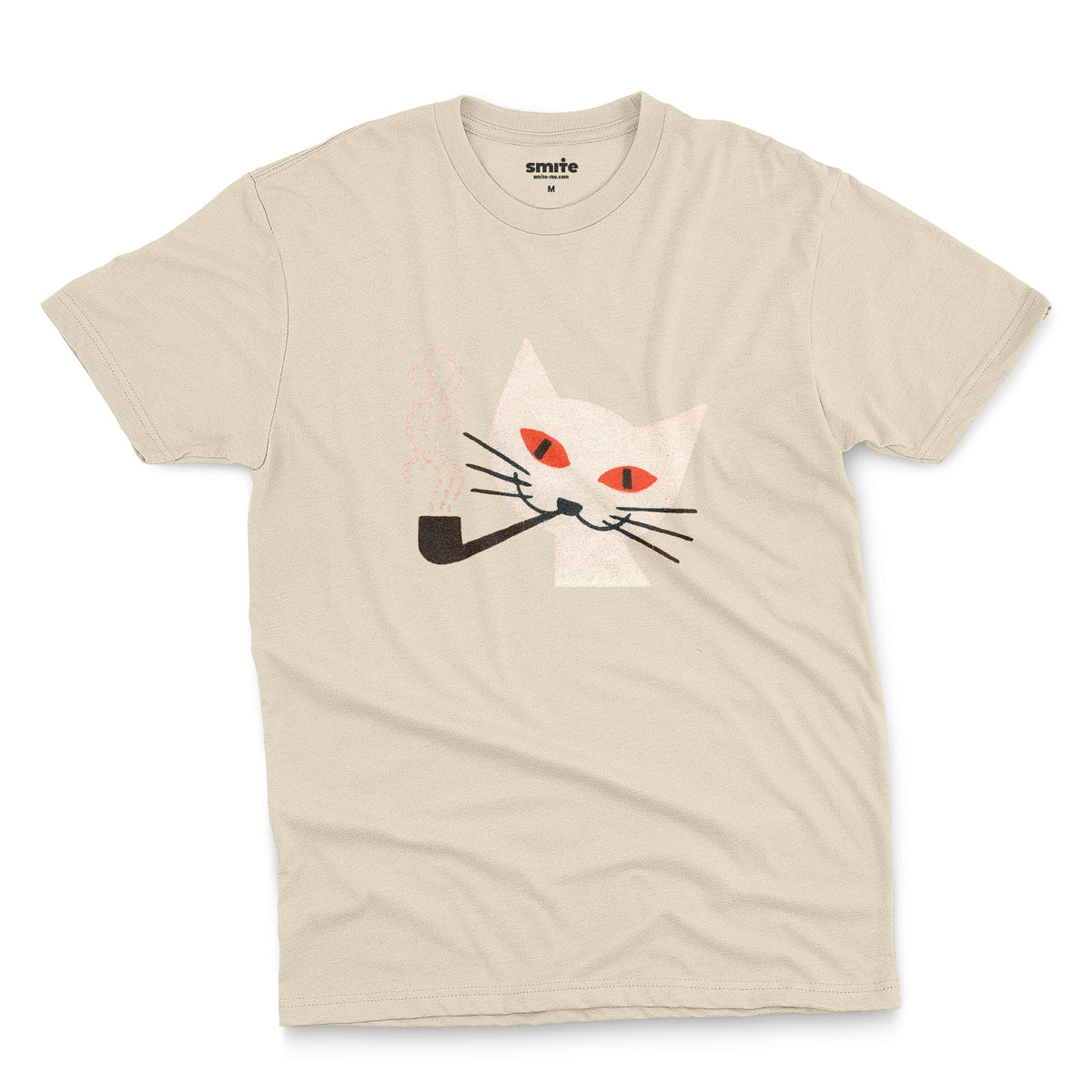 A beige t-shirt with a graphic of a white cat smoking a pipe, featuring orange eyes and black whiskers. The image is from a 1950s matchbox cover.