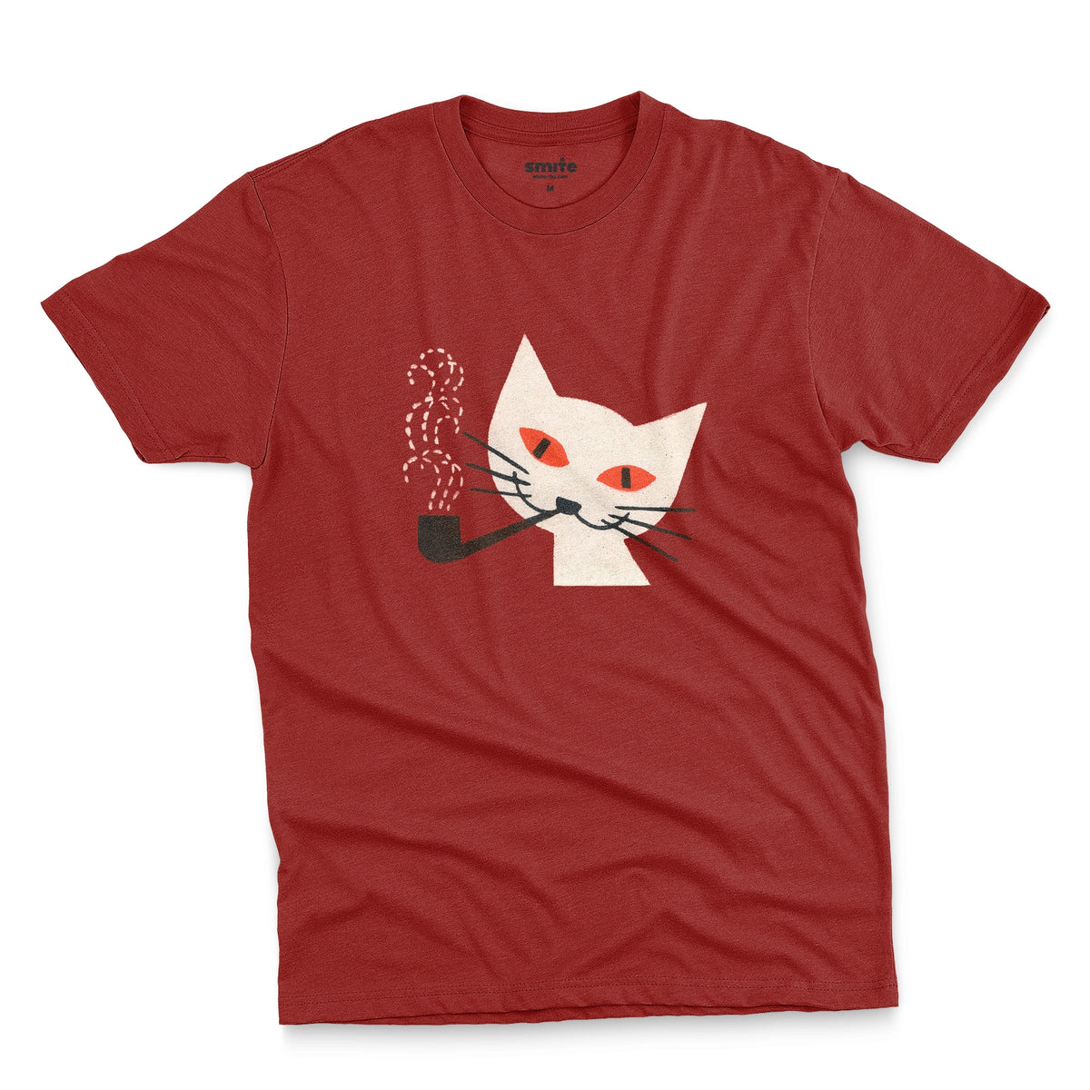 A  red  t-shirt with a graphic of a white cat smoking a pipe, featuring orange eyes and black whiskers. The image is from a 1950s matchbox cover.