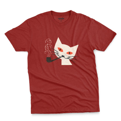 A  red  t-shirt with a graphic of a white cat smoking a pipe, featuring orange eyes and black whiskers. The image is from a 1950s matchbox cover.