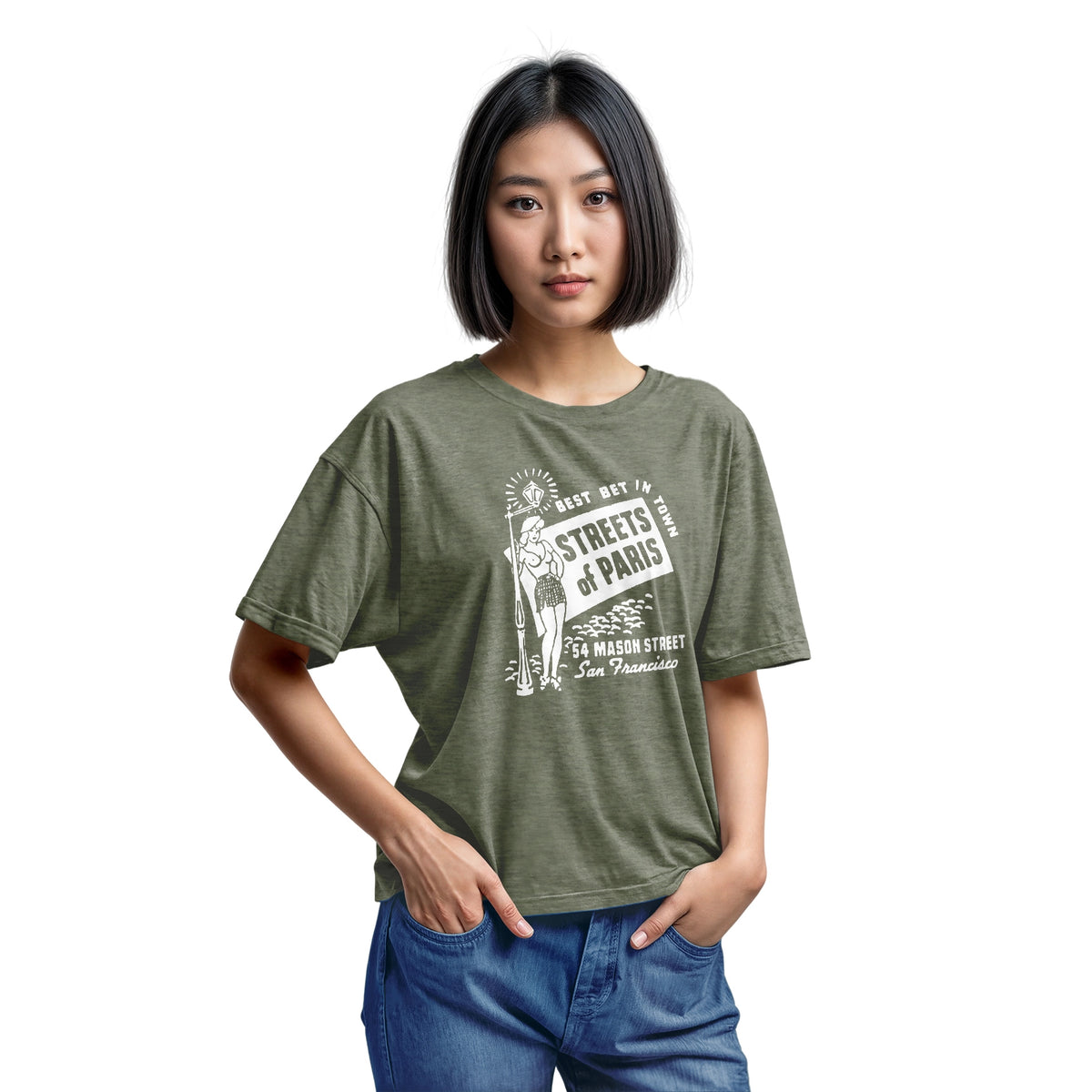 A green t-shirt with a vintage advertisement for 'STREETS OF PARIS', a bar in San Francisco.