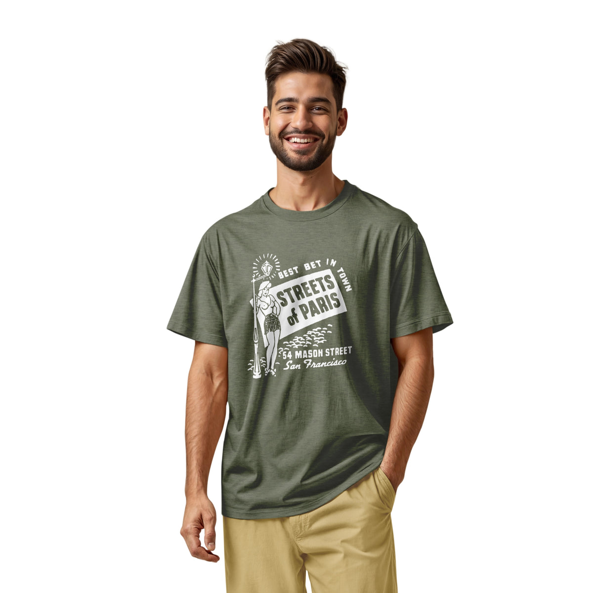 A green t-shirt with a vintage advertisement for 'STREETS OF PARIS', a bar in San Francisco.