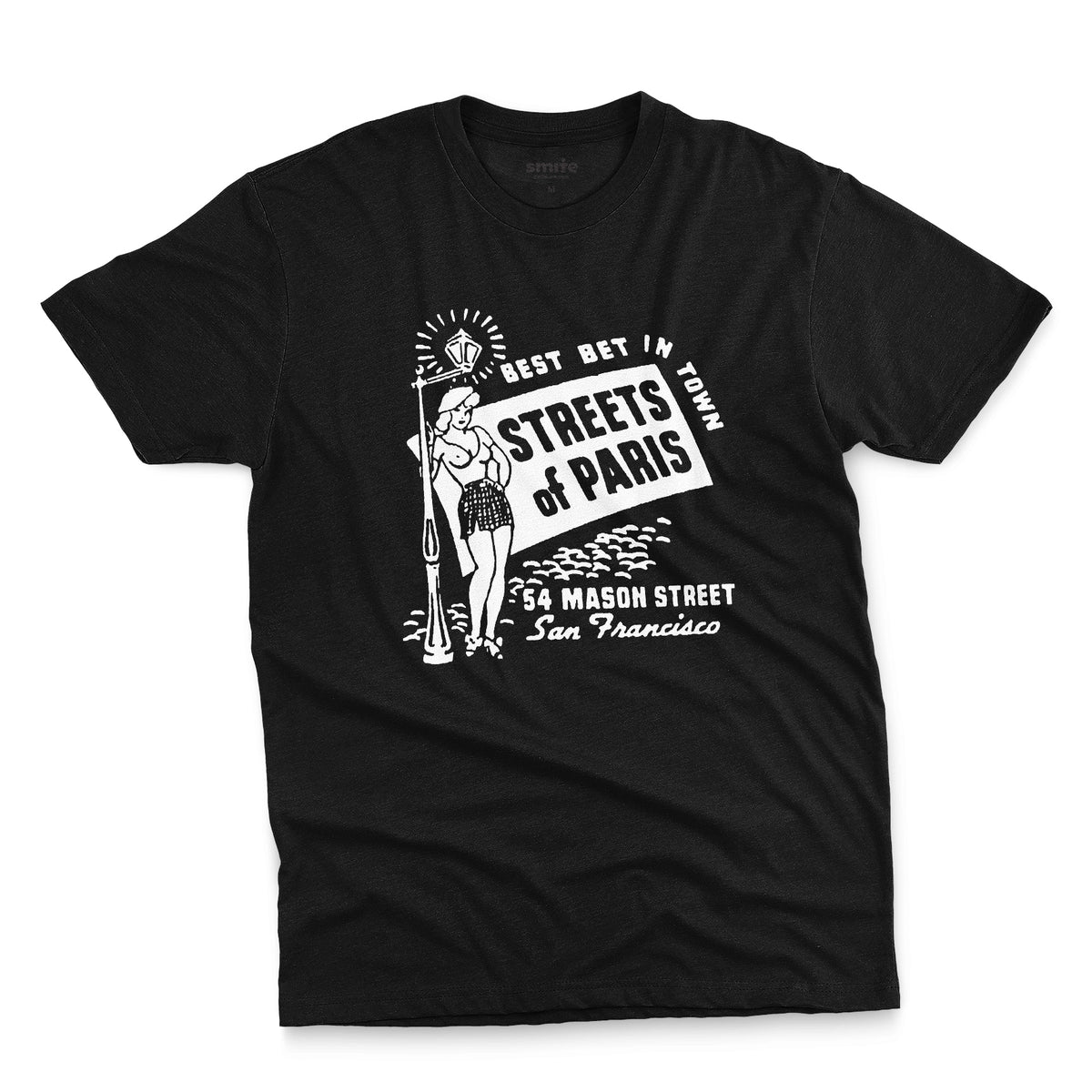 A black t-shirt with a vintage advertisement for 'STREETS OF PARIS', a bar in San Francisco.