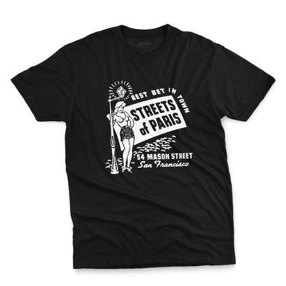 A black t-shirt with a vintage advertisement for 'STREETS OF PARIS', a bar in San Francisco.