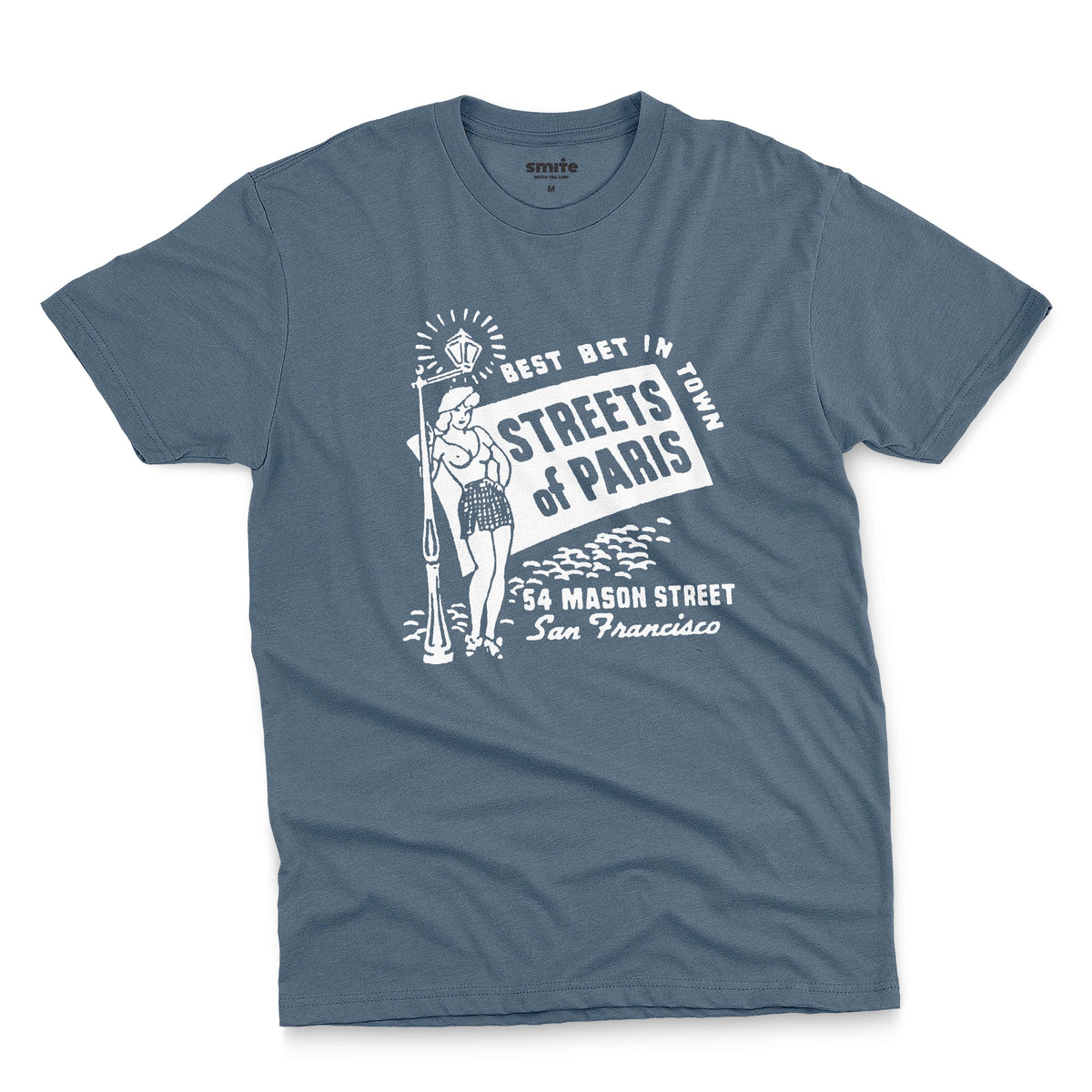 A blue t-shirt with a vintage advertisement for 'STREETS OF PARIS', a bar in San Francisco.