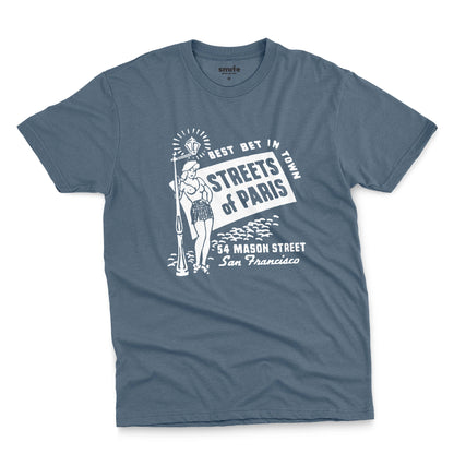 A blue t-shirt with a vintage advertisement for 'STREETS OF PARIS', a bar in San Francisco.