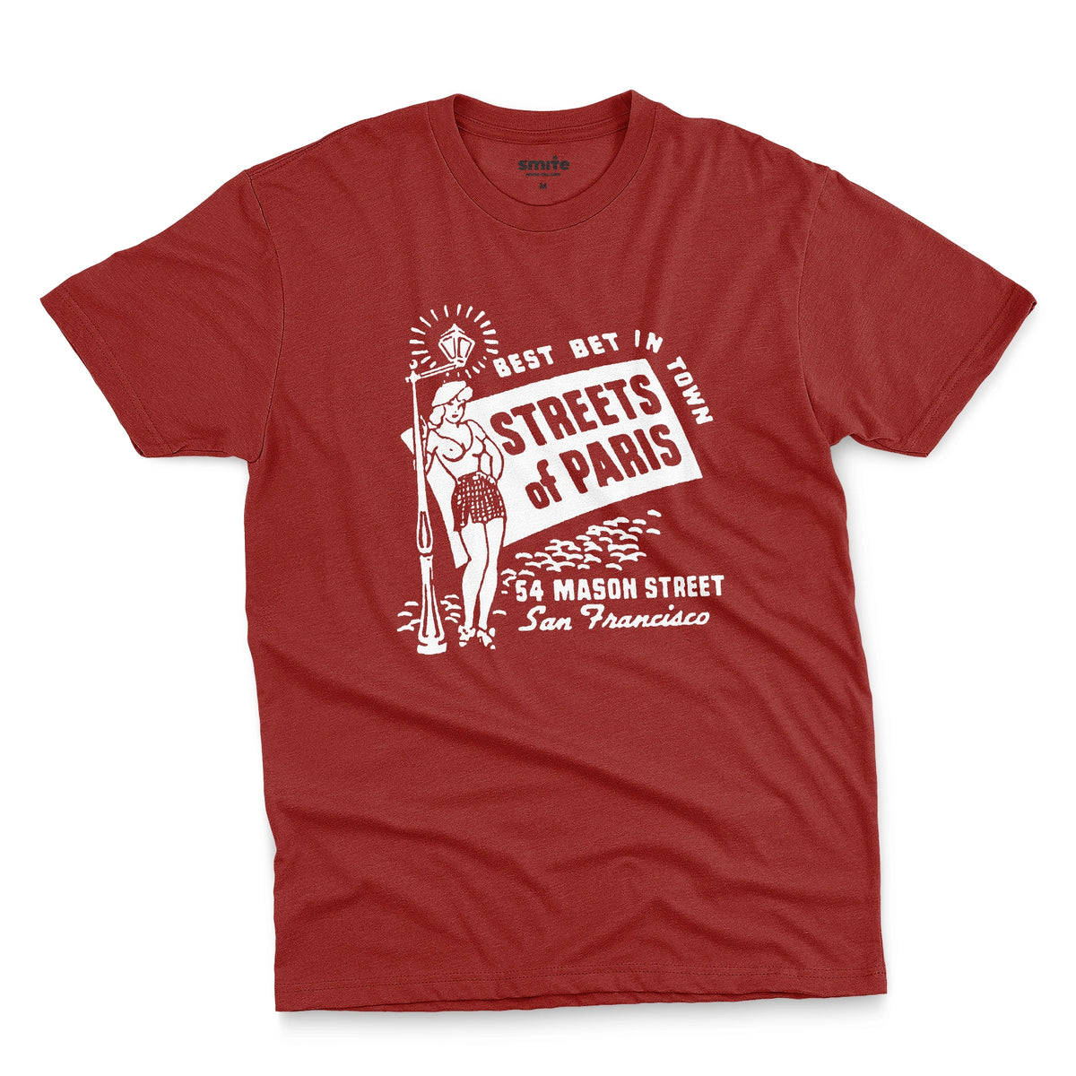 A red t-shirt with a vintage advertisement for 'STREETS OF PARIS', a bar in San Francisco.