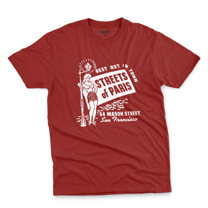 A red t-shirt with a vintage advertisement for 'STREETS OF PARIS', a bar in San Francisco.