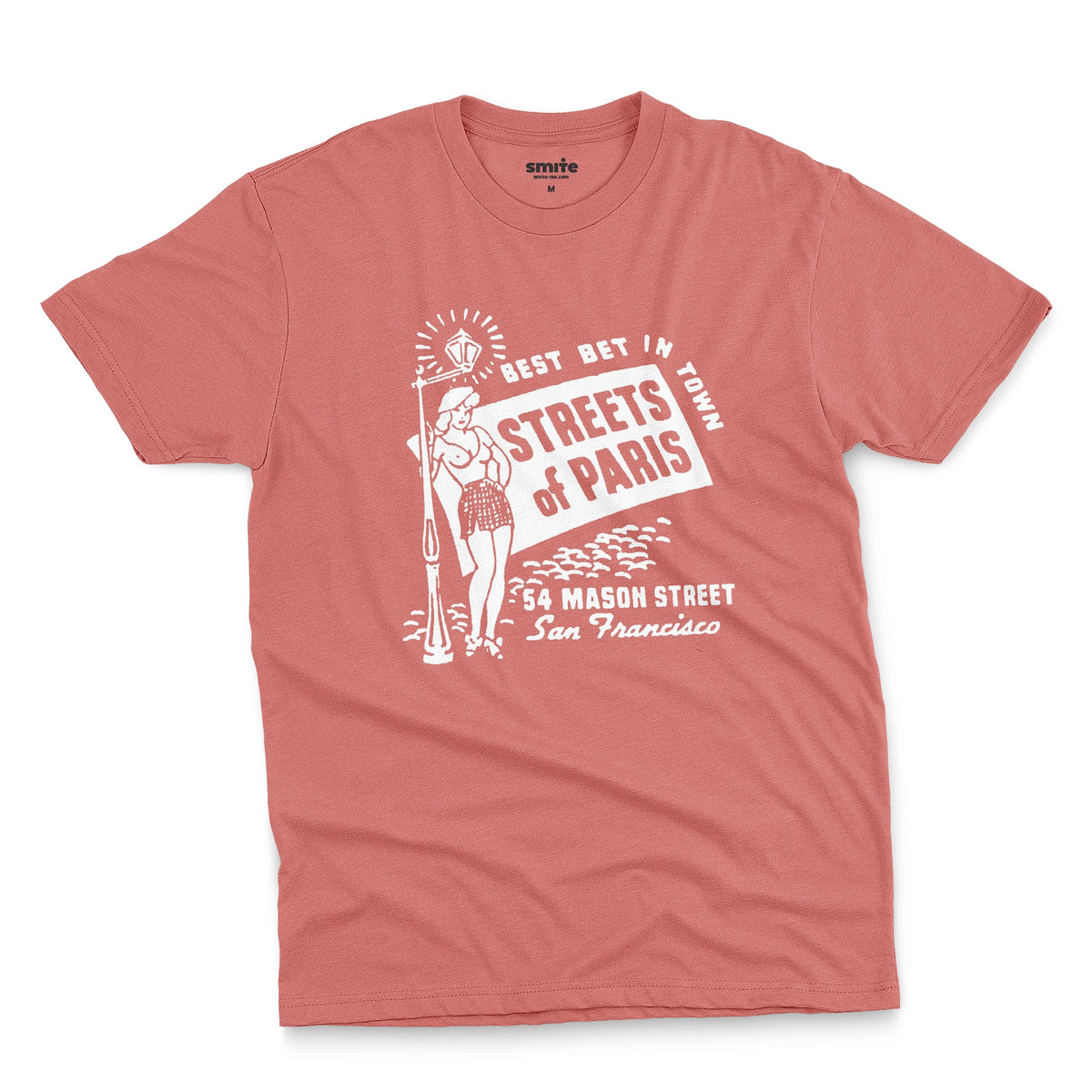 A coral pink t-shirt with a vintage advertisement for 'STREETS OF PARIS', a bar in San Francisco.