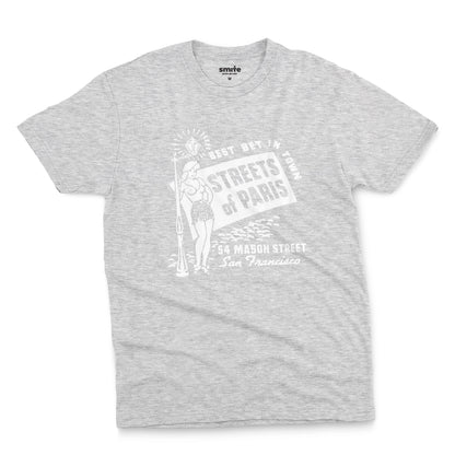 A gray marle t-shirt with a vintage advertisement for 'STREETS OF PARIS', a bar in San Francisco.