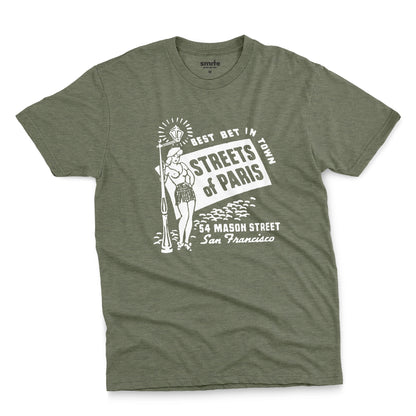 A green t-shirt with a vintage advertisement for 'STREETS OF PARIS', a bar in San Francisco.