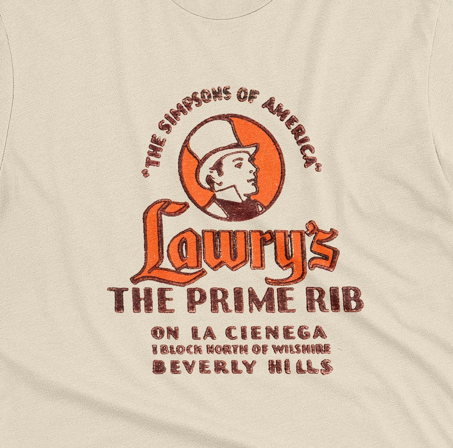 A beige t-shirt with a vintage advertisement for 'Lawry's The Prime Rib' restaurant in Beverly Hills.