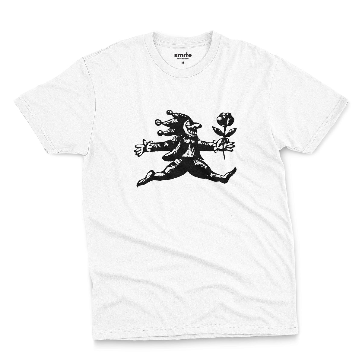 A white t-shirt with an engraved illustration of a jester holding a rose from the early 1900s.
