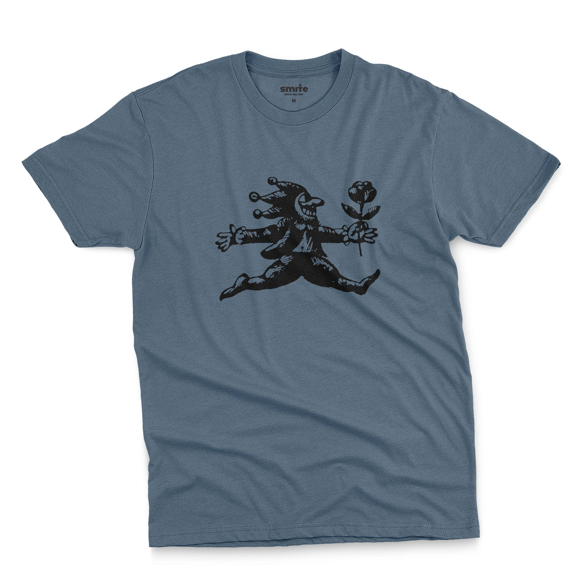 A blue t-shirt with an engraved illustration of a jester holding a rose from the early 1900s.