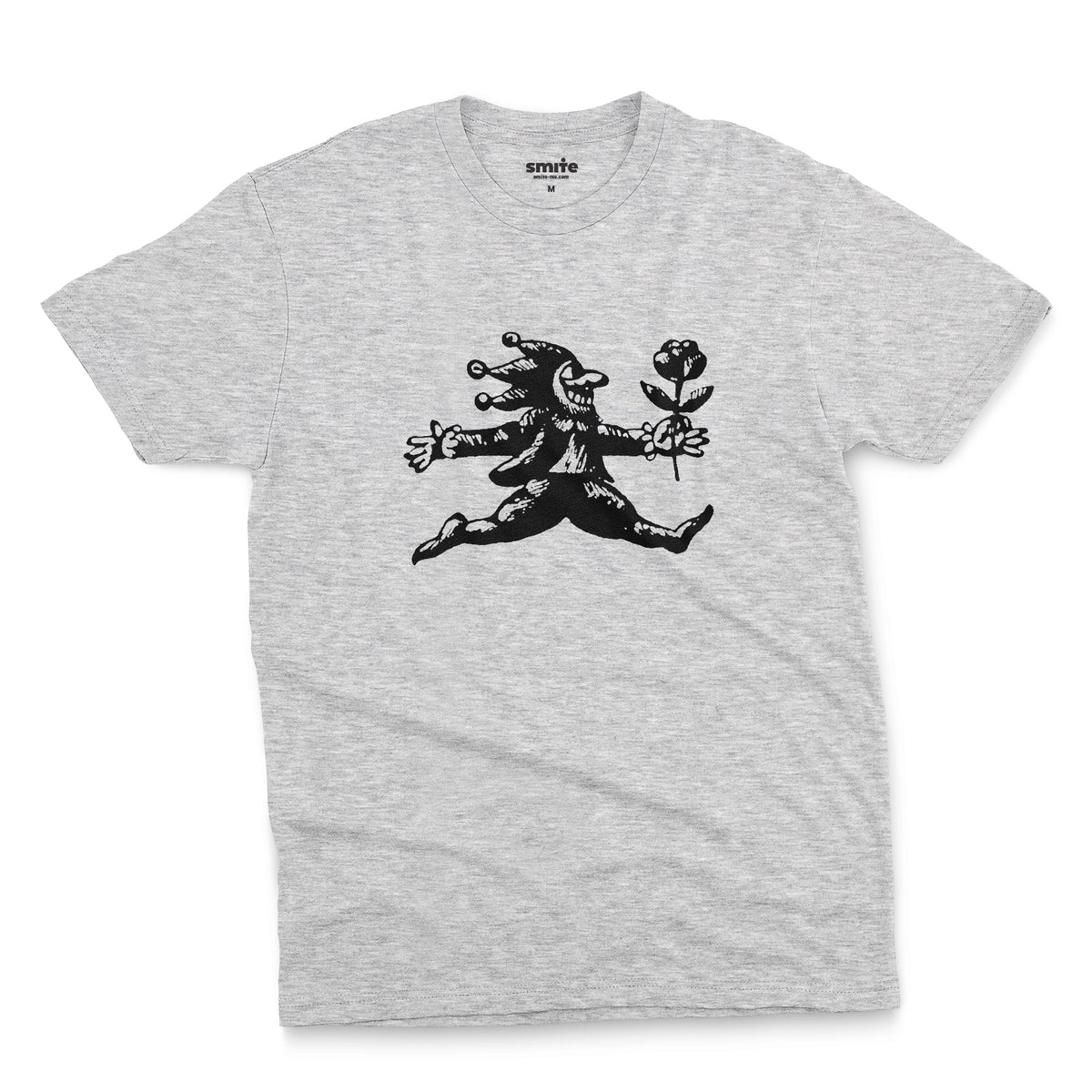 A grey marle t-shirt with an engraved illustration of a jester holding a rose from the early 1900s.