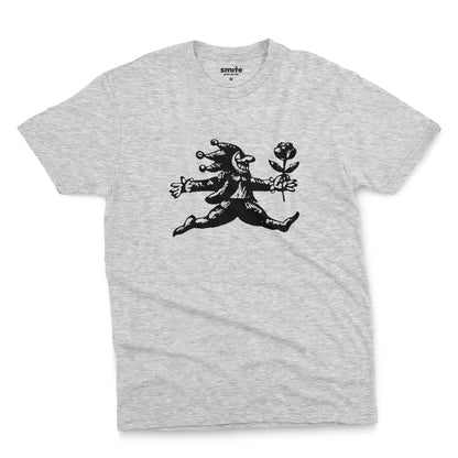 A grey marle t-shirt with an engraved illustration of a jester holding a rose from the early 1900s.