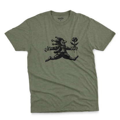 A green t-shirt with an engraved illustration of a jester holding a rose from the early 1900s.