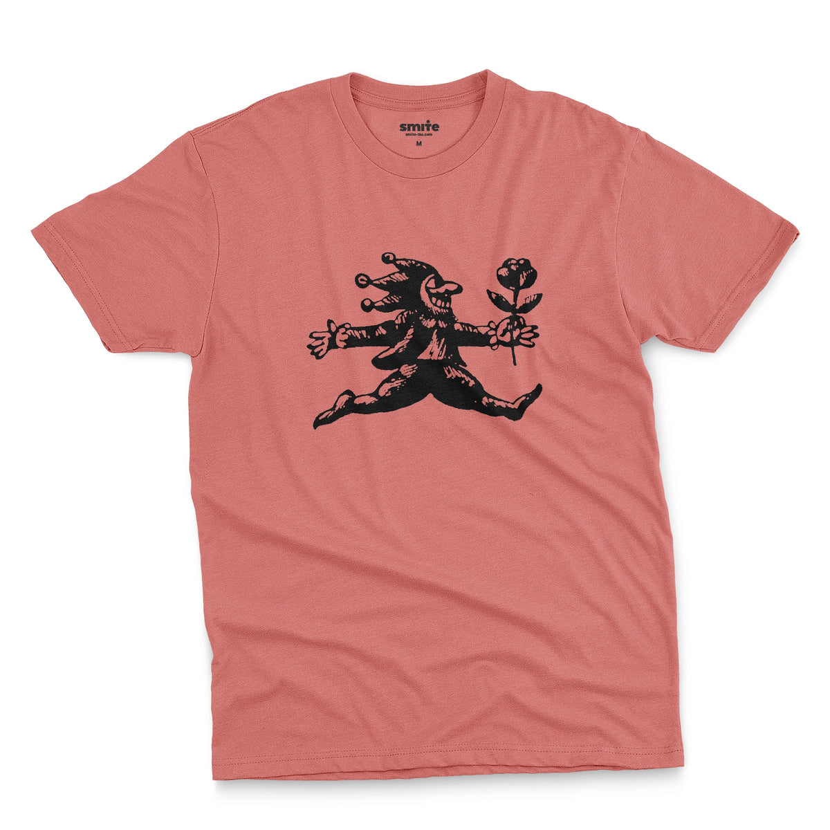 A coral pink t-shirt with an engraved illustration of a jester holding a rose from the early 1900s.