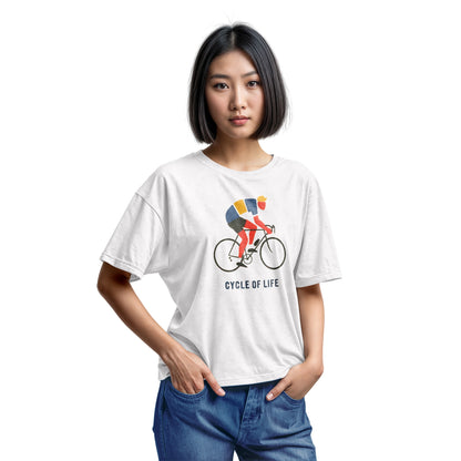 A white t-shirt featuring a graphic of a cyclist riding a road bike with the text 'CYCLE OF LIFE' printed below.