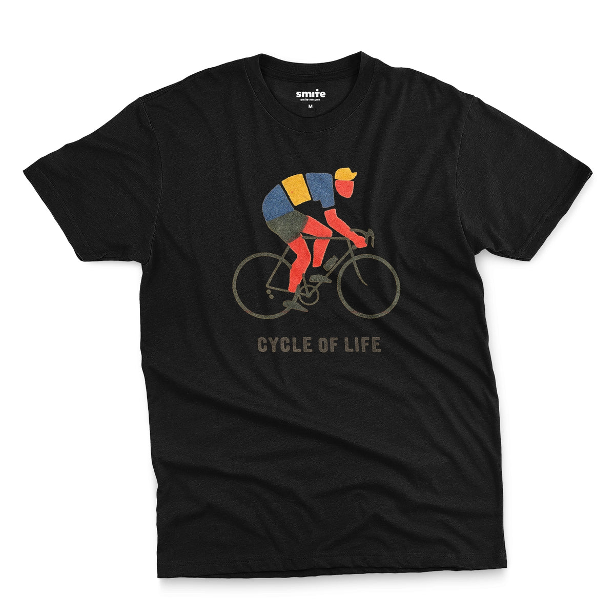 A black t-shirt featuring a graphic of a cyclist riding a road bike with the text 'CYCLE OF LIFE' printed below.