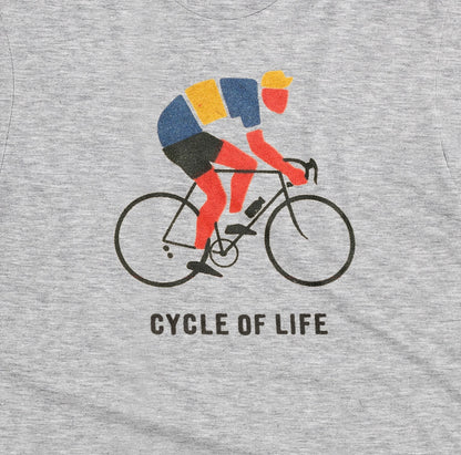 A grey marle t-shirt featuring a graphic of a cyclist riding a road bike with the text 'CYCLE OF LIFE' printed below.
