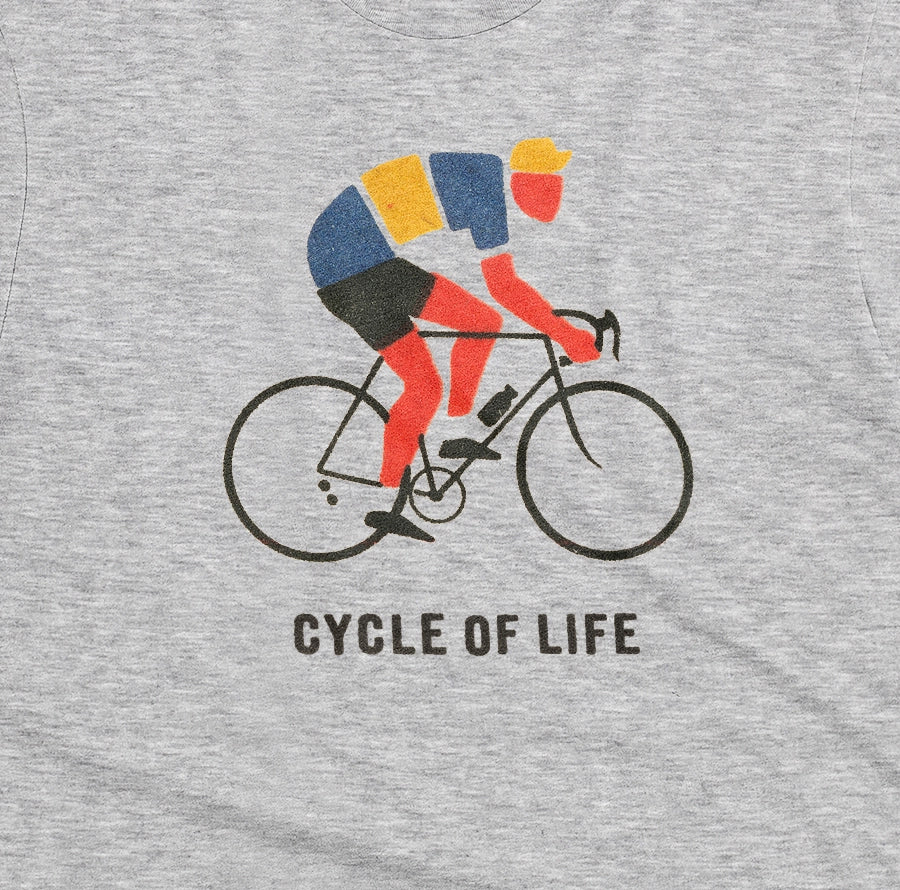 A grey marle t-shirt featuring a graphic of a cyclist riding a road bike with the text 'CYCLE OF LIFE' printed below.