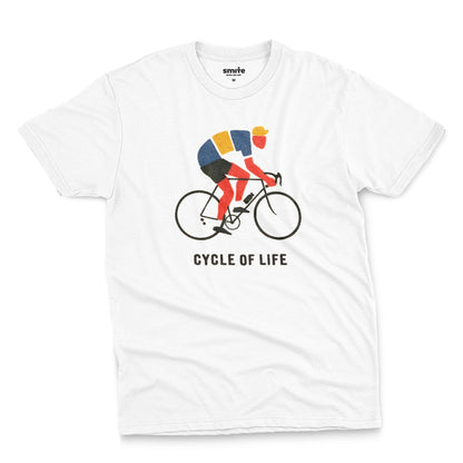A white t-shirt featuring a graphic of a cyclist riding a road bike with the text 'CYCLE OF LIFE' printed below.
