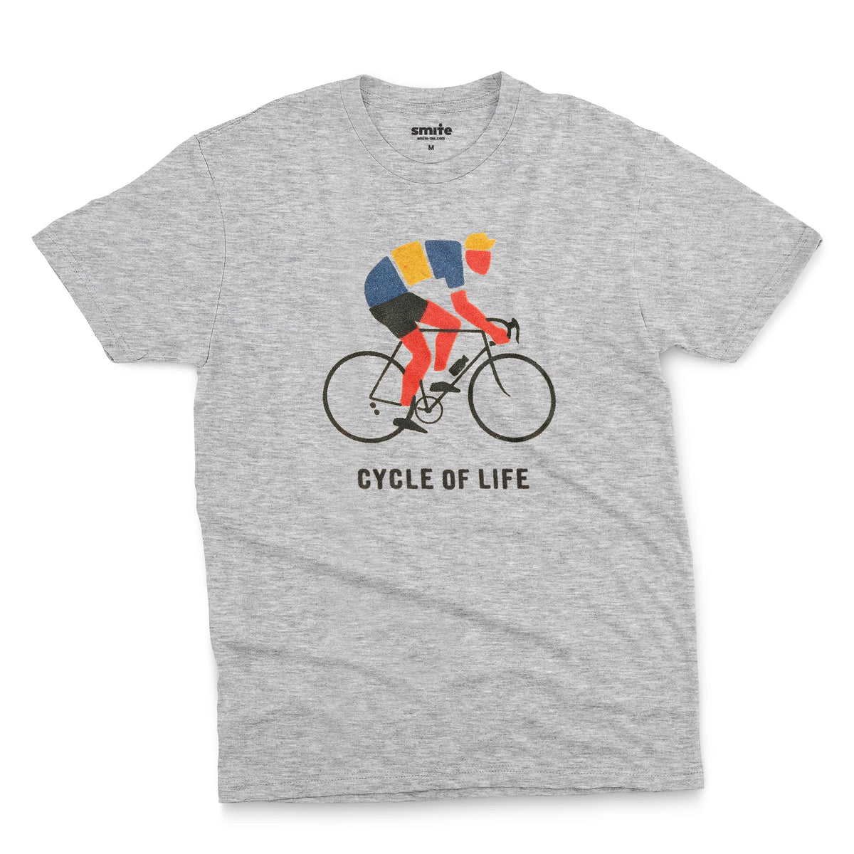 A grey marle t-shirt featuring a graphic of a cyclist riding a road bike with the text 'CYCLE OF LIFE' printed below.
